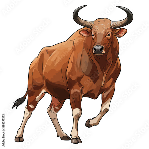 A dynamic vector illustration of a majestic Banteng, a species of wild cattle, captured mid-stride showing its strength and power