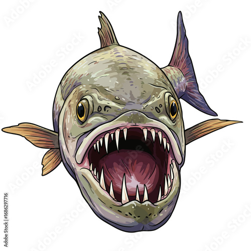 Aggressive trout with an open mouth and sharp teeth, depicted in a detailed vector illustration. A fierce predatory fish mascot