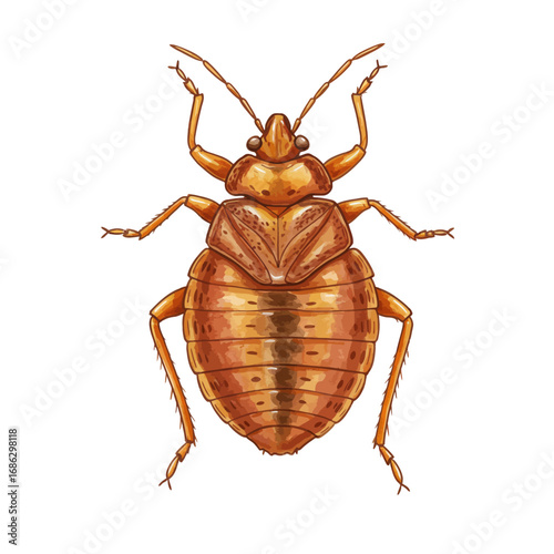 Detailed watercolor vector illustration of a common bed bug insect pest. Realistic top-down view of a Cimex lectularius on a white background