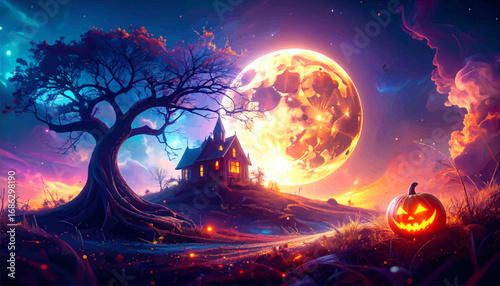 Full moon lighting Halloween haunted house. Nighttime Halloween house. Spooky moonlit mansion with creepy tree. Halloween haunted house and moonlit sky. Glowing pumpkin in front of haunted mansion