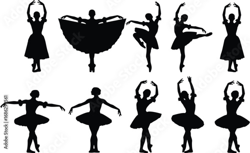 Ballerina silhouette vector set with elegant dance poses, classical ballet movements, tutu costumes, and graceful female dancer illustrations