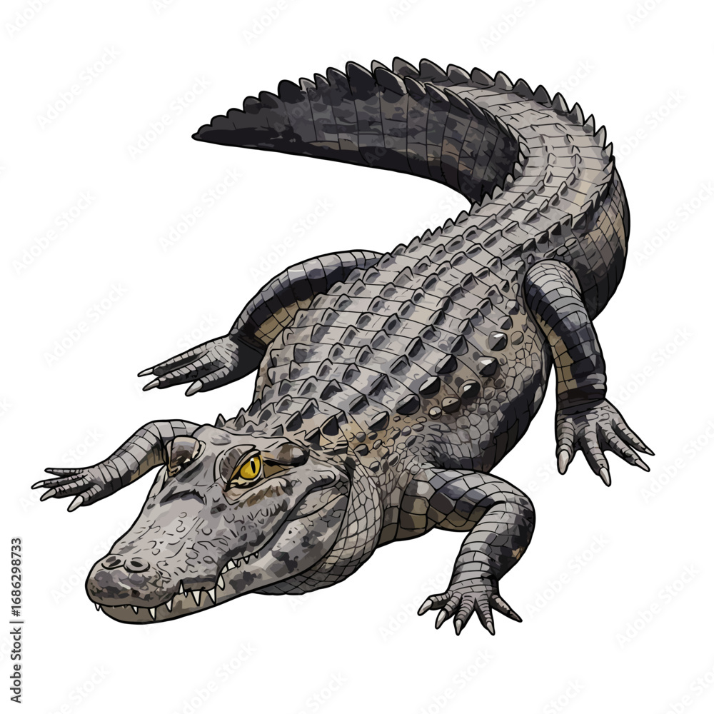 Naklejka premium A realistic watercolor vector drawing of a menacing black caiman. Detailed zoological illustration of a wild Amazonian reptile predator