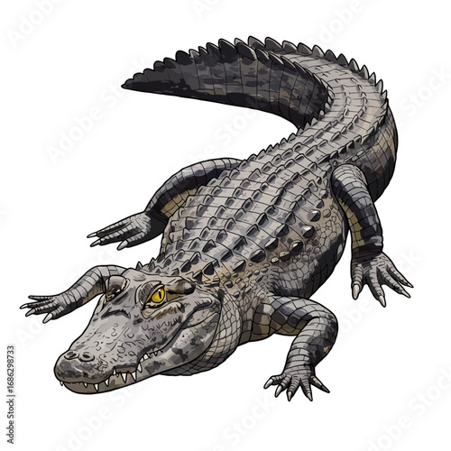 A realistic watercolor vector drawing of a menacing black caiman. Detailed zoological illustration of a wild Amazonian reptile predator