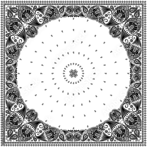 Bandana paisley square ethnic floral hand drawn pattern.Ornament classic vintage vector elements black on white background.Design for scarf,headscarf,kerchief,hijab,tablecloth,print fabric,decoration.