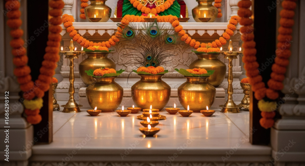 Fototapeta premium Traditional Hindu altar decorated with marigold garlands and lit diyas in a temple