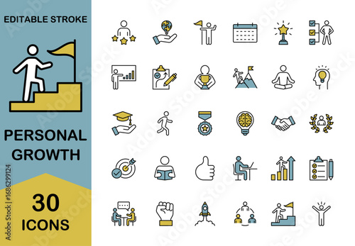 Personal growth line icon set – Includes skill, success, career and development. Editable stroke. Colored vector illustration.