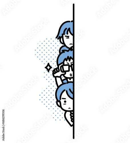ナースステーションをこっそり観察する3人の研修医のイラスト