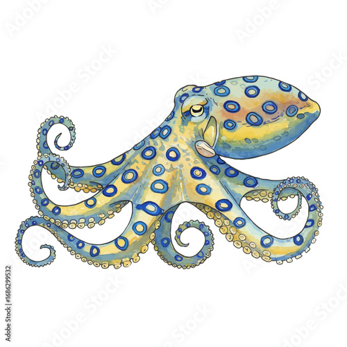 Detailed watercolor style illustration of a vibrant blue-ringed octopus with curling tentacles, isolated on a clean white background