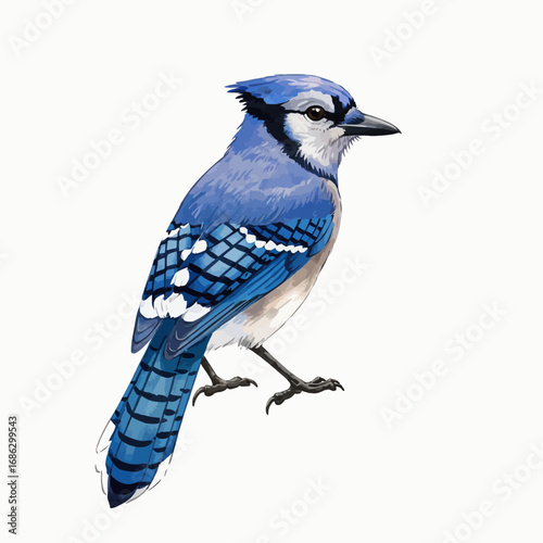 Detailed watercolor vector illustration of a North American Blue Jay songbird, perched and isolated on a clean white background