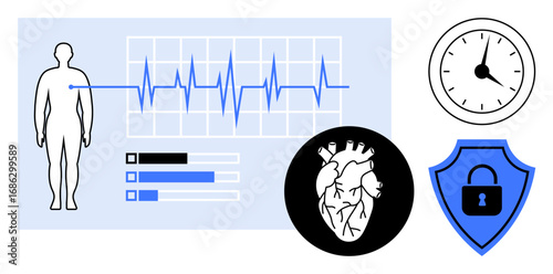 Cardiogram, heart diagram, silhouette of a person, progress bars, clock, shield. Ideal for health data, medical safety biometric tech wellness time tracking security. Simple flat metaphor