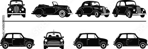 Black and white vector illustration set of vintage and classic cars in two rows, showcasing retro automobile designs and transportation history