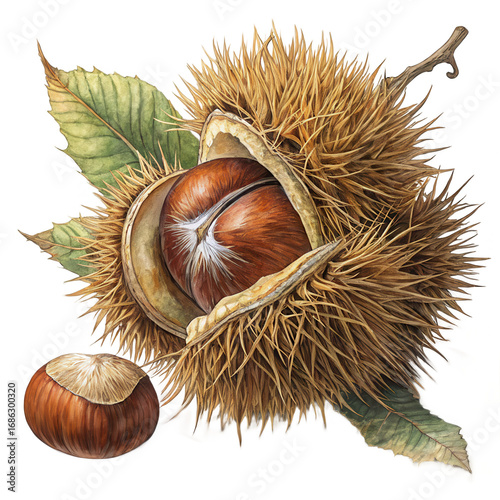 A detailed illustration of chestnuts in their spiky outer shell art on transparent background