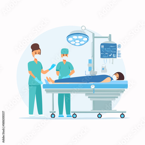 Surgeons perform operation on patient lying on operating table in sterile environment with advanced medical equipment, showcasing modern healthcare practices.