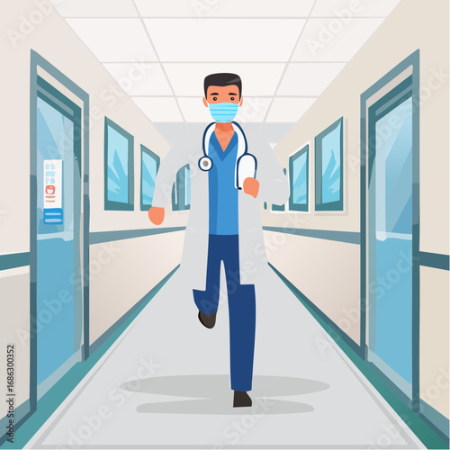 Doctor running down hospital hallway wearing mask and stethoscope to help patients in emergency situation, conveying urgency and dedication.