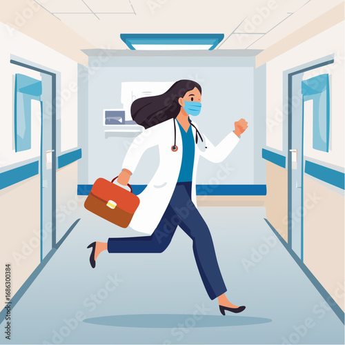 Female doctor running down hospital hallway with medical bag during emergency situation, conveying urgency and dedication to patient care.