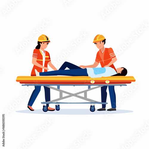 Paramedics transporting injured patient on stretcher to hospital for emergency medical care after accident, showing teamwork and urgency.