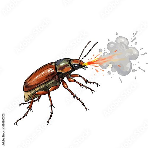 Detailed watercolor vector illustration of a bombardier beetle releasing its hot defensive chemical spray, isolated on a white background