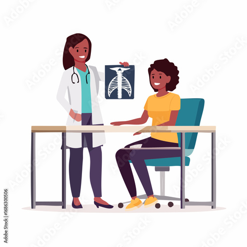 Smiling african american doctor showing xray to patient in clinic office during medical consultation, conveying trust and care.