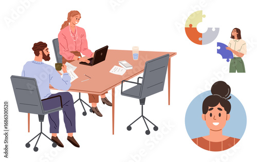 Team discussing documents and laptop at a meeting table, woman holding puzzle pieces, smiling face avatar. Ideal for teamwork, problem-solving, collaboration, leadership, planning, strategy
