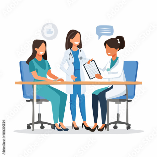 Medical team collaborating on patient case at hospital conference room, reviewing chart and discussing treatment options in a professional and supportive atmosphere.