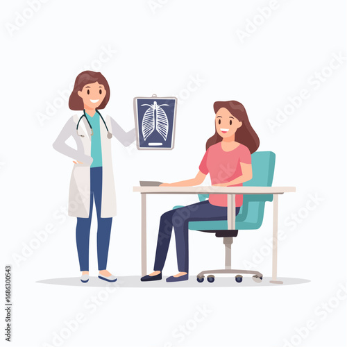 Female doctor showing chest xray to smiling patient in clinic during consultation, promoting health and wellbeing.
