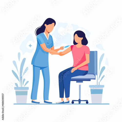 Nurse administering vaccine to seated patient in medical clinic during immunization campaign for disease prevention and public health safety.