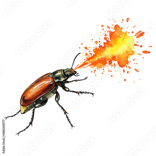 Watercolor vector illustration of a bombardier beetle ejecting a hot noxious chemical spray in a fiery burst as a unique defense mechanism