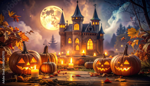 Spooky pumpkins in moonlit castle scene. Haunted house with Halloween pumpkins glowing. Halloween pumpkins near spooky castle at night. Full moon above Halloween pumpkin path