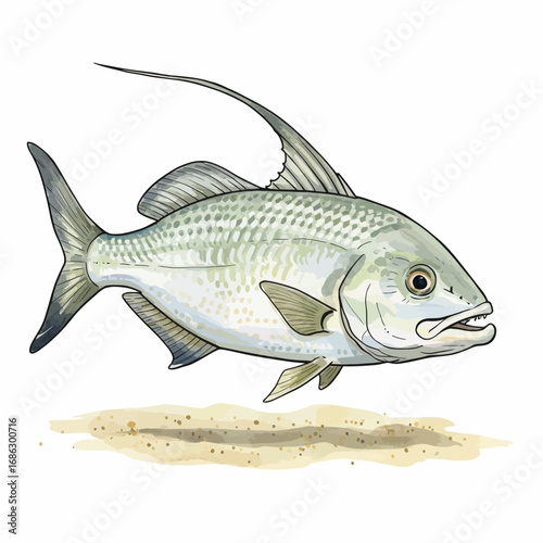 Detailed watercolor vector illustration of a silvery bonefish swimming over a sandy flat. Isolated hand-drawn aquatic wildlife art