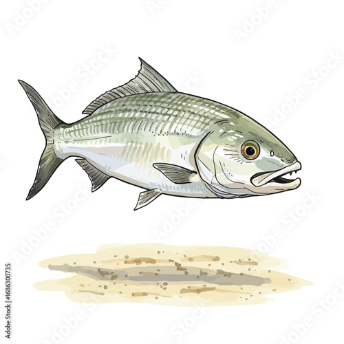 Detailed watercolor vector illustration of a bonefish, the ghost of the flats, swimming over a sandy seafloor. Hand-drawn marine life art