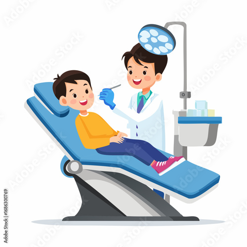 Dentist examining young boy's teeth in dental chair at clinic, ensuring oral hygiene and healthy smile in a friendly and professional manner.