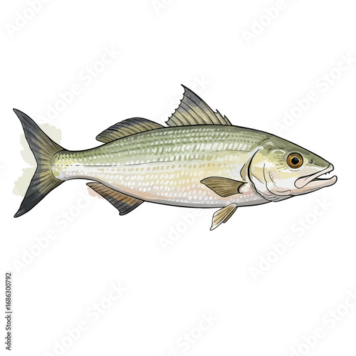 Detailed watercolor vector illustration of a silver bonefish, a popular saltwater game fish often found swimming in tropical coastal sand flats