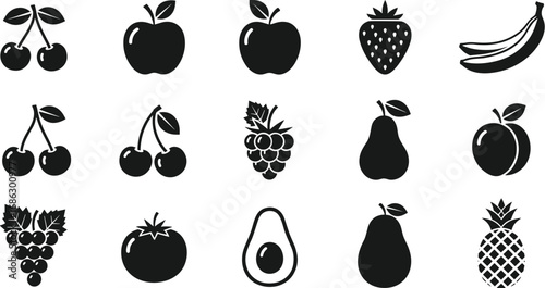 Black silhouette vector icons of assorted fruits including cherries, apples, bananas, pears, grapes, pineapple, avocado for food and design themes