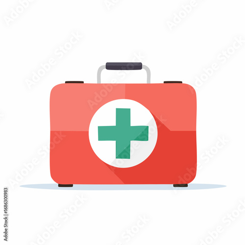 Red first aid kit with green cross sitting on white surface providing medical assistance and emergency care in a clean and modern style.