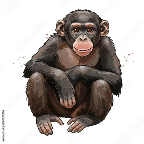 Charming watercolor illustration of a cute baby chimpanzee sitting peacefully. Detailed vector graphic of a young, intelligent ape primate
