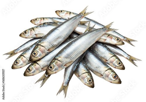 Fresh sardines overhead closeup of silver scaled fish on transparent background
