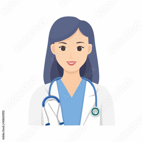 Smiling female doctor wearing stethoscope and white coat stands in hospital hallway, exuding confidence and professionalism in healthcare setting.