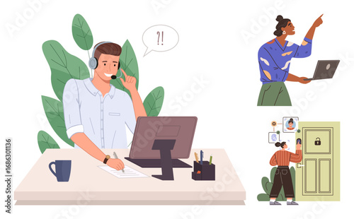 Man at desk handling customer support call, colleague collaborating on laptop, woman managing a secure digital lock. Ideal for teamwork, technology, communication, cybersecurity, remote work