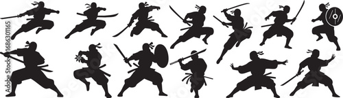 Dynamic ninja warriors in action poses with swords and shields, striking with stealth and power
