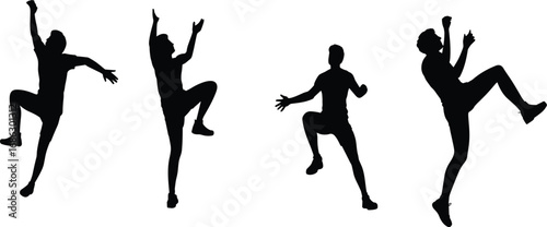 Black silhouette vector illustration of four dynamic rock climbers in various climbing poses for sports, fitness, adventure, and outdoor activity themes