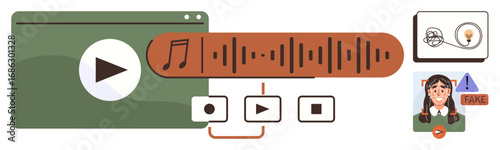Media player window with play button, soundwave bar, playback controls, idea bulb, fake detection warning. Ideal for streaming, media, audio technology creativity security education. Simple flat