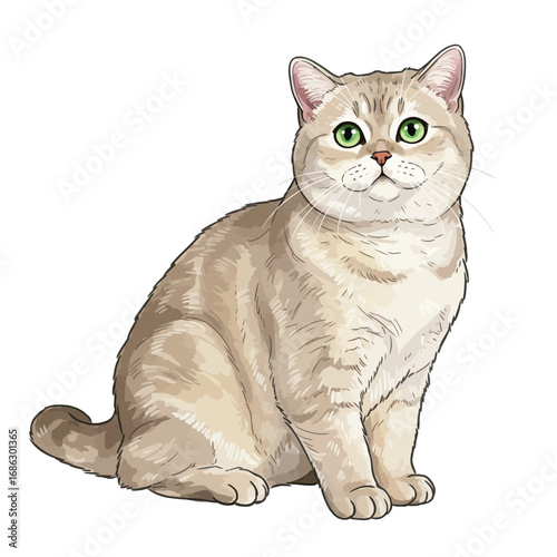 Charming vector illustration of an adorable British Shorthair cat sitting with bright green eyes, created in a delicate watercolor style