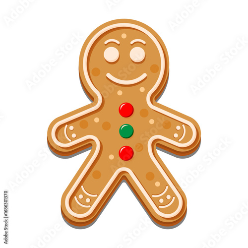 Gingerbread Man Christmas Cookie Vector Illustration isolated on white background. Сute Сhristmas Ginger Bread icon food. Gingerbread Man with Candy.