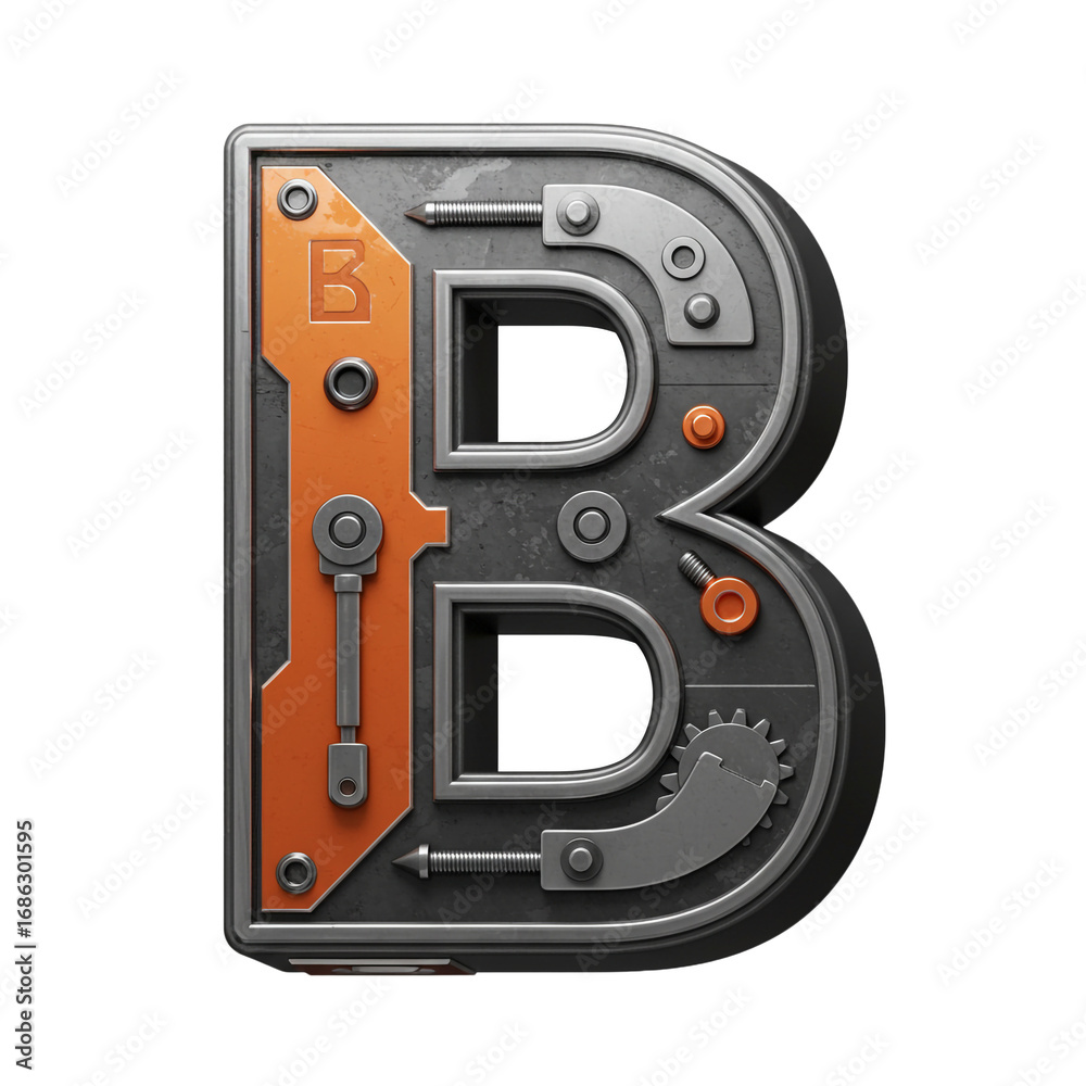Fototapeta premium An industrial-themed letter B design featuring a metallic, mechanical aesthetic with gears, bolts, and an orange accent panel.