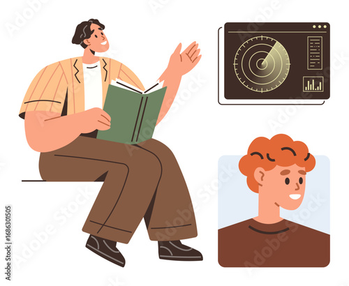 Person reading and gesturing with an open book, radar screen displaying data insights, profile portrait of another individual. Ideal for analysis, learning, engineering, networking, teaching, remote