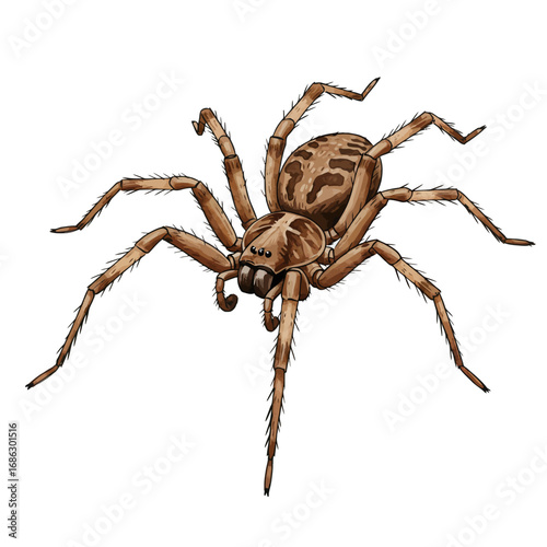 Detailed vector illustration of a realistic brown wolf spider, an arachnid creature with intricate patterns, isolated on a white background. Artistic wildlife drawing
