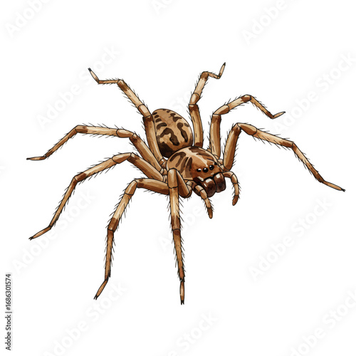 Detailed watercolor vector illustration of an intricate brown spider. Realistic arachnid drawing isolated on a clean white background for design