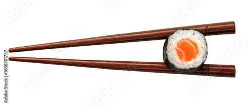 Obraz  z motywem Salmon sushi roll held by chopsticks