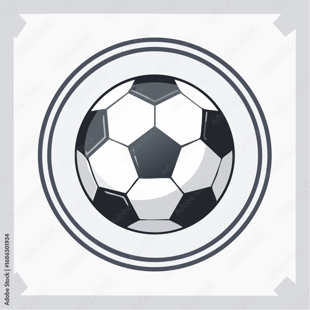 Obraz premium A classic black and white soccer ball inside a circular emblem, a simple flat vector sports icon