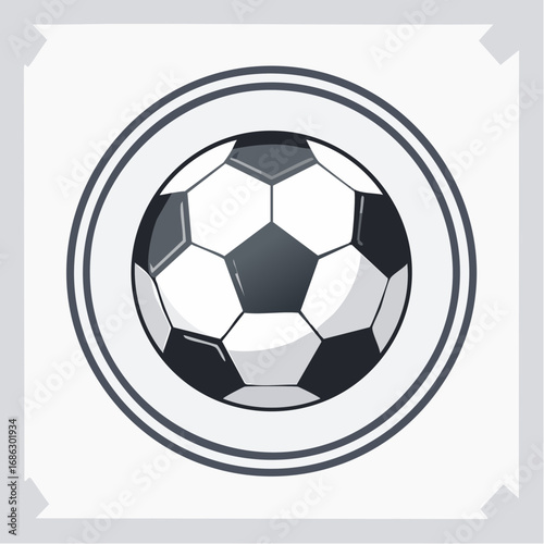 A classic black and white soccer ball inside a circular emblem, a simple flat vector sports icon